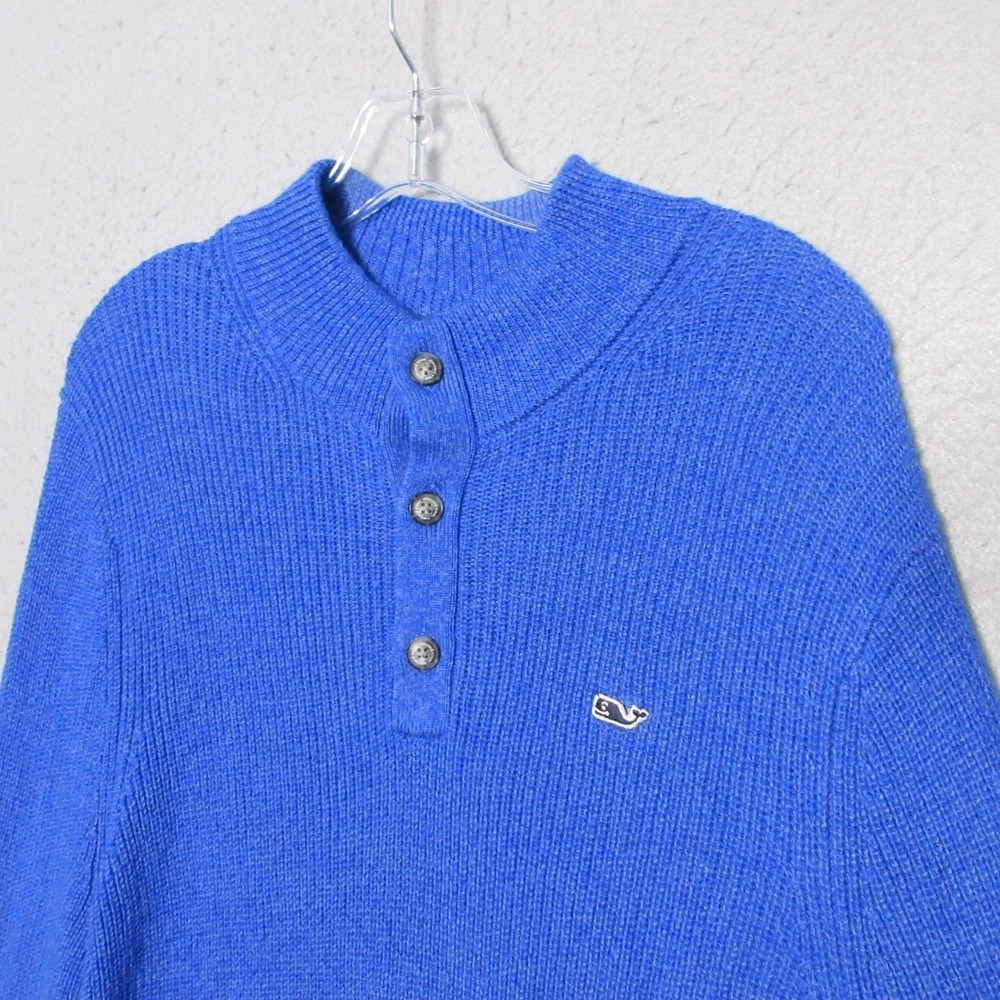 Vineyard Vines Sweater Men‎ Medium Blue Quarter Button Merino Wool Logo Preppy